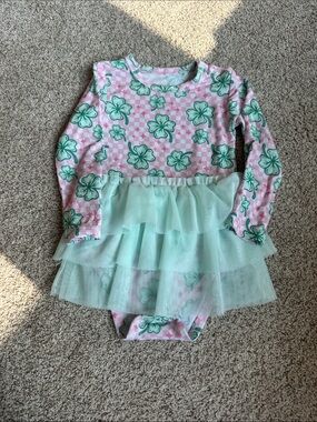 Dream Big Little Co Pink & Green Floral Tulle Baby Dress Shamrock Onesie 6-12